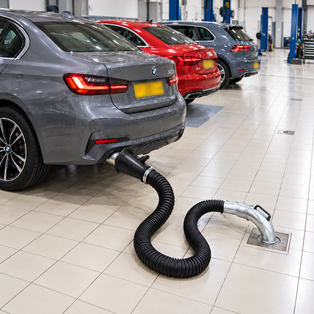 Pozzetto a pavimento&nbsp;con curva d’innesto e tubo flessibile collegato alla marmitta dell’auto, per l’aspirazione dei gas di scarico in officina.
