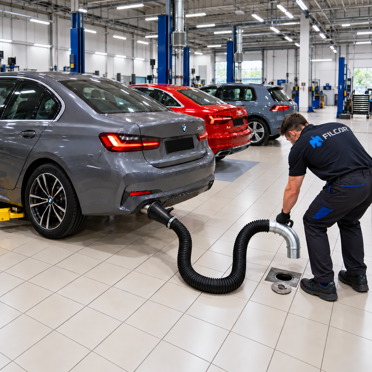 Operatore durante l’inserimento della curva d’innesto nel pozzetto PZ a pavimento, con tubo flessibile collegato allo scarico dell’auto per l’aspirazione dei gas di scarico in officina.
