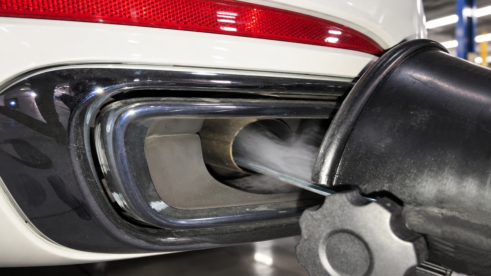Bocchetta di aspirazione e tubo flessibile per convogliare i gas verso l’impianto di estrazione durante le attività in officina.
